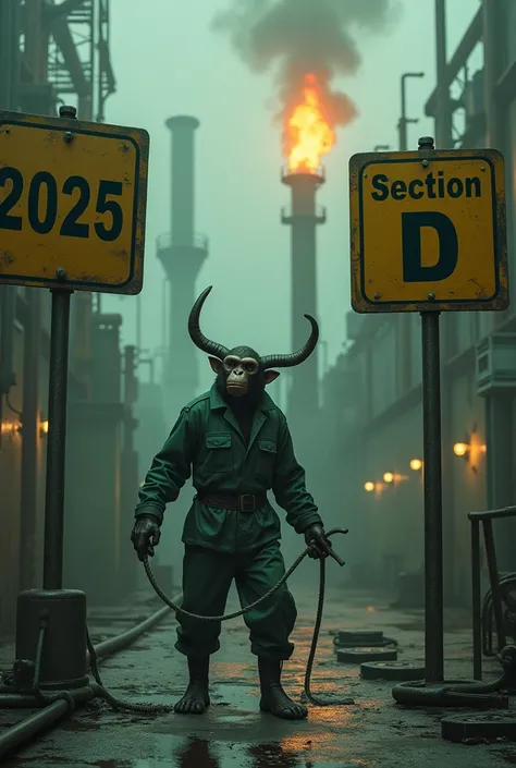 Two large signs .  On a sign it says : "2025"  and on the other sign it says : "SECTION D ".  Set in a chemical factory. You can see a very tall industrial torch burning in the background and you can also see a demon with a whip and a dark green monkey wor...