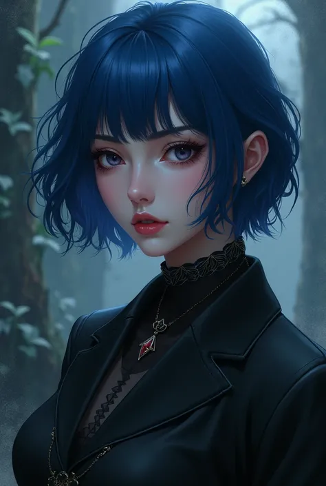 character, high adult old, female, hotbeautiful gothMommy, short straight bangs blue wavy hair, dark clothes, anime