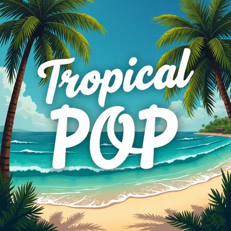 Create me an image that has a text that says tropical, Colombian and pop and that the background is allusive to those two musical genres,That it has a little bit of sky and beach and nature that looks more real