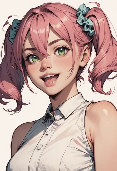 1girl, solo, green eyes, pink hair, twintails, looking at viewer, open mouth, bare shoulders, smile, scrunchie, hair between eyes, hair scrunchie, upper body, hair ornament, white shirt, sleeveless, shirt, elbow gloves, short hair, zPDXL3, detailxl,  Score...