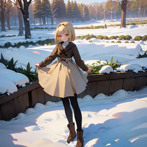 ( High Quality ,  high definition , Very detailed, reality:1.37), Peaceful atmosphere, (Outdoor, garden ,snow),  teenage girl standing alone, Beautiful details,  cute smile, (Blonde Bob ), Ribbed sweater,Brown skirt, Black tights,  brown boots .