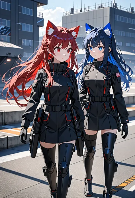 8K Ultra High-Quality, ultra-detailed, High quality, two girls, girl 1, blue dark long hair, blue eyes, cat ears, girl 2, red long hair, red eyes, cat ears, gloves, black tactical clothes, solderless suit, skirt, side view, walking, talking, close up, full...