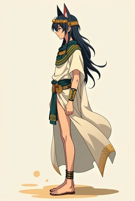  generates the image of a young man , wearing ancient Egyptian clothing , with cat ears,  in an anime drawing style ,  full body , in profile and bottomless .