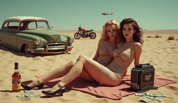 Panavision 50 (( 2 women )) PinUp 50s sex desert  ((Full Service Pinup Girl)) ((surrealistic)) moto, car, Abandoned plane ,  money thrown to the ground,  and bottle of wisk  ((FIRST WORK))