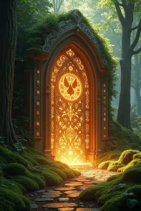 Create a magical and shiny door in the middle of the forest with magical symbolism that allows you to teleport to Hogwarts school 