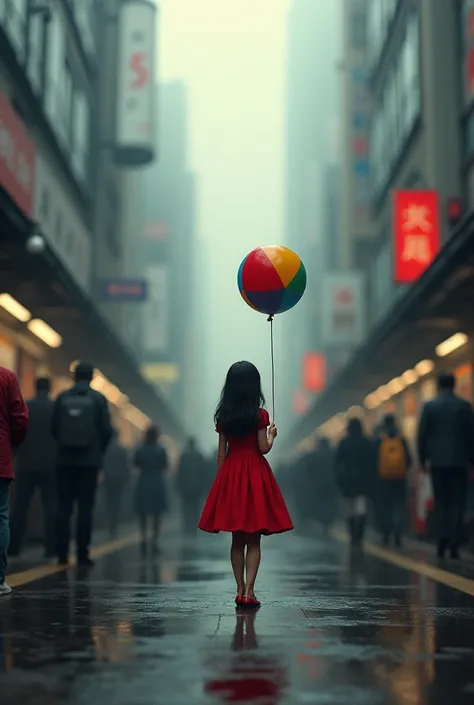  A  in a red dress holding a balloon,  walking on a subway yard , packed,  rush hour , Everything is gray ,  except the  and his balloon  .