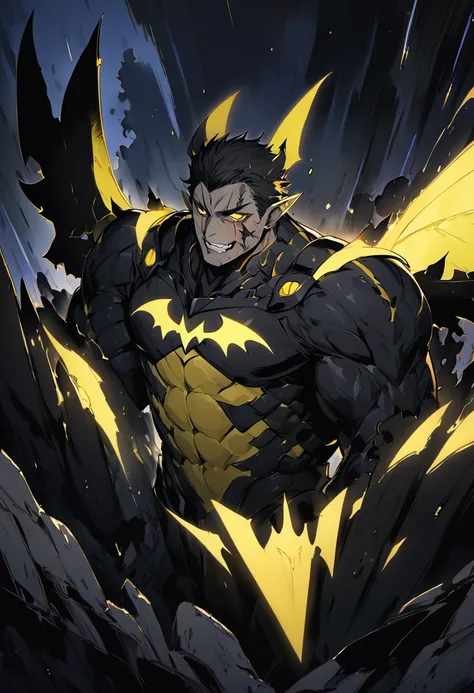 a yellow half-bat man, black DC Comics style armor, with winged beings on the side shining, strong physique, and a scar on his cheek, 8k high definition