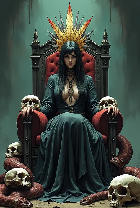  Realistic and colorful image in realistic comic art style with a gloomy and desolate background, of a stark woman with a feathered headdress surrounded by human skulls sitting on a throne made of snakes with rattles.