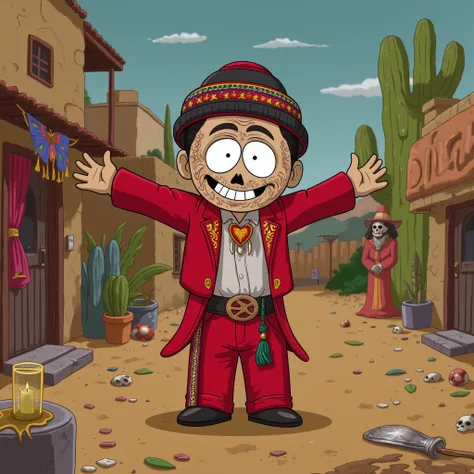 Eric Cartman, the  from South Park, Red clothes and beanie hat, but he looks like he is Mexican, South Park TV show, Eric Cartmenez, Dios del Muertos, Mexico, Halloween, dirty, desert, poor, Mexican, 