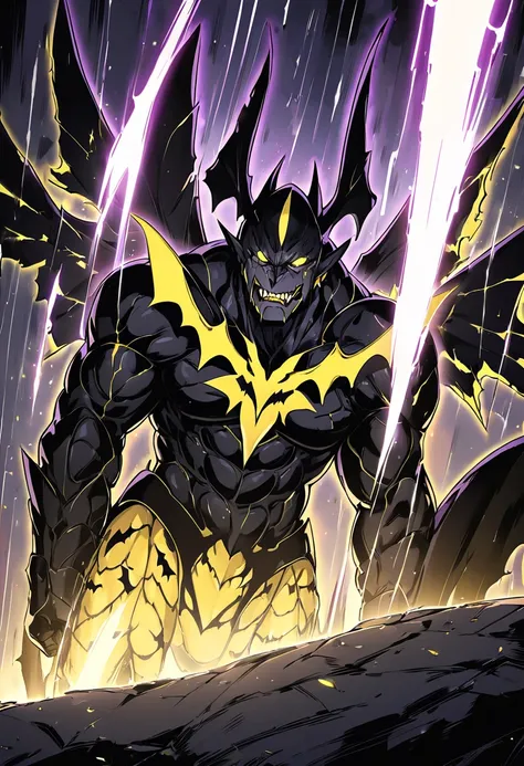 a yellow half-bat man, black DC Comics style armor, with winged beings on the side shining, strong physique, and a scar on his cheek, 8k high definition