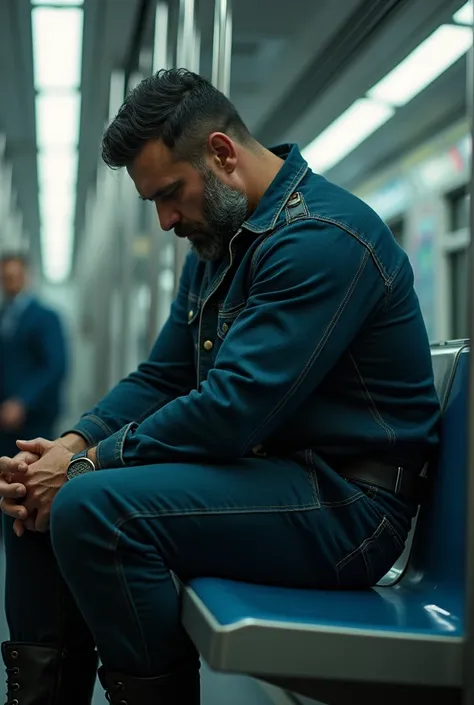 a strong man, 46-year-old appearance .  He wears a dark blue jumpsuit jeans with metallic buttons . 
 He has black hair and a beard .  Several white hair in his hair and beard .  He is sitting on a subway bench with his head down .  He wears black boots wi...