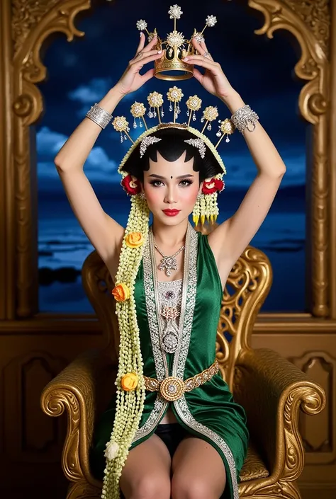  woman in traditional traditional Javanese dress in green. Green Javanese traditional batik sarong.  silver , cuffs, collar, NSFW_Raised both hands holding a golden crown on her head .  Raise both your armpits straight .  Above the head .  Show the texture...