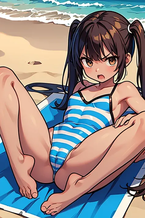 Ten_years_old girl , fighting, angry scream, ((striped high cut leotard)) ,fullbody, pigtails bang hair, Battle, (( barefoot)), beach, brown skin, lying down, spread legs,