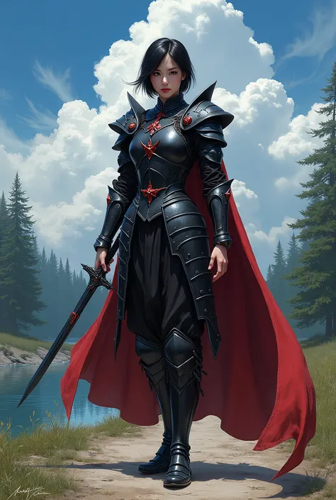 In RPG style, in style of Dungeons & Dragons, in style of fantasy painting. Full body view, looking at the viewer. image of a beautiful asian woman carrying a black sword. Short hair. Black  metal Sauron style armor with red ornaments, The armor features a...