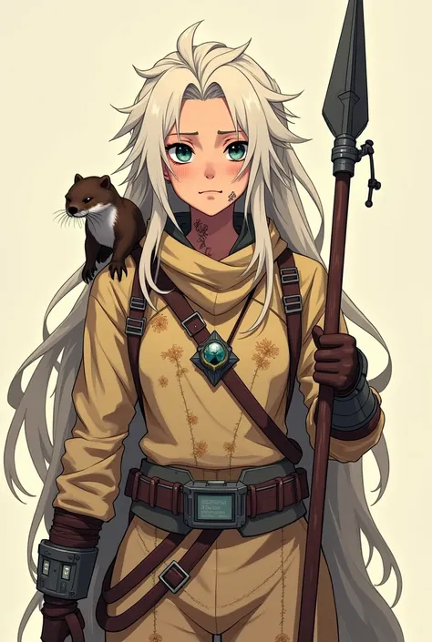 Design a 20-year veteran explorer in a full-body illustrated anime style . It has a serious character and very long hair, sand-colored and white, disheveled and extravagant. She wears worn but highly functional survival equipment, adapted and customized th...