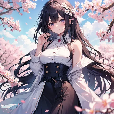 art by Cornflower,  like a dream, cherry blossoms_blossoms, fall_ petals,  petals, branch,  pink_flower, 
( One Girl :1.2), ( long dark hair :1.2), ( dark eyes:1.2), (Whitening:1.2), 
( height 148 cm:1.2), (Bust 80 cm :1.2), ( waist 56 cm:1.2), (Hips 56 cm...