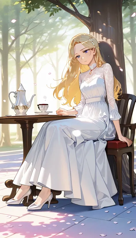 elegant style, soft realism, best quality, beautiful blonde-haired woman in intricate white dress, sitting gracefully, elegant jewelry, peaceful and refined atmosphere, petals scattered on the ground, soft shadows, gentle and serene expression, intricate f...