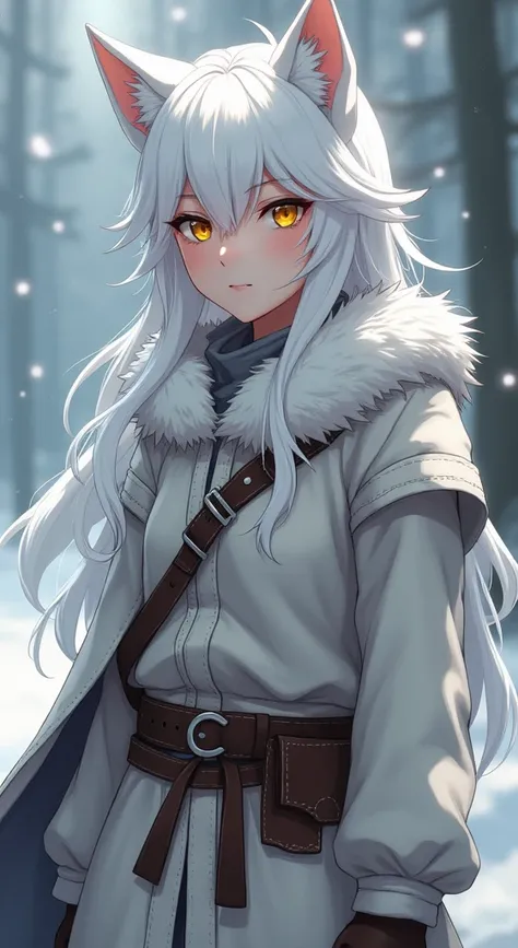 (work of art, Maximum quality, best qualityer, offcial art, beautiful and aesthetic:1.2) Anime Wolf Female With White Body, White Hair, Yellow Eyes, Wearing Viking Clothes and Pants.