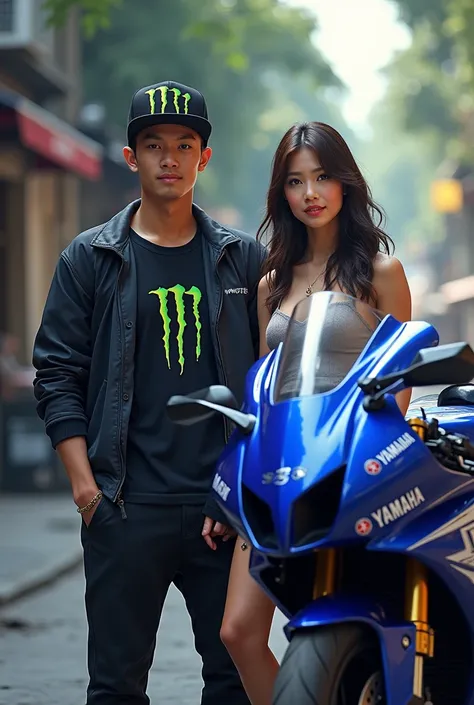 Pria pakai topi ( monster energy )Indonesia umur 25tahun pakai topi basket jaket kaos.dan wanita cantik pakai baju dress di samping terdapat motor balap Yamaha R15 body full livery warna biru 