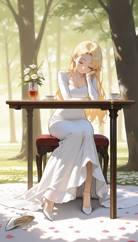 elegant style, soft realism, best quality, beautiful blonde-haired woman in intricate white dress, sitting gracefully, elegant jewelry, peaceful and refined atmosphere, petals scattered on the ground, soft shadows, gentle and serene expression, intricate f...