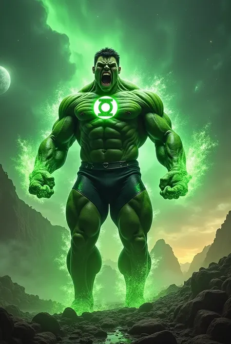 Subject (Hybrid Hulk & Green Lantern): Hulk’s muscular, fierce appearance combines with Green Lantern’s iconic power ring armor. His body is covered in a mix of emerald green energy, glowing with cosmic energy, while his physique is enhanced with armor tha...