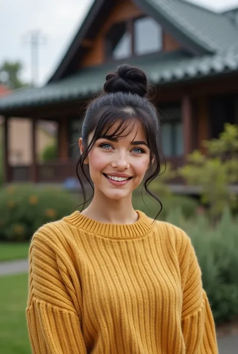   The image features a beautiful young Japanese-Brazilian woman  ,21 years old,  Blue Eyes , A sweater    ,   standing in front of a German and Japanese style house   ,  hair tied in a black bun .   the woman is smiling, happy ,   conveying a warm and frie...