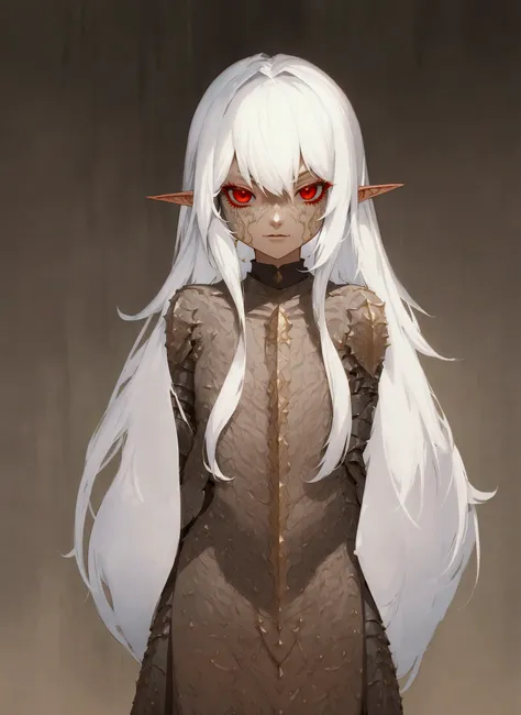 A stylized fantasy female elf with long white hair, red eyes, and pointed ears, wearing intricate black armor with golden details similar to a medieval knight. She has a serious expression and a commanding presence. Her hair flows freely, and the armor is ...