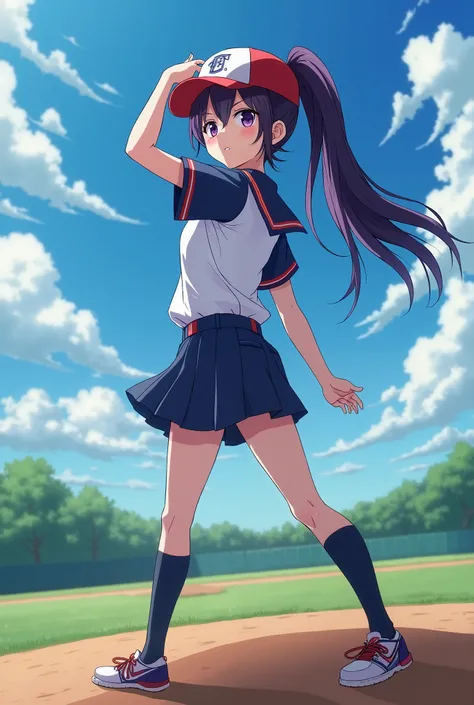 Japanese animation style、High school girl、Baseball uniform 、 Baseball Cap 、left pitcher、Dark Purple Long Hair、single ponytail、 purple pupils