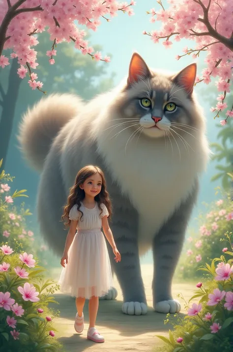 A girl walking with a giant beautiful cat, in blossom time, a beautiful scenary