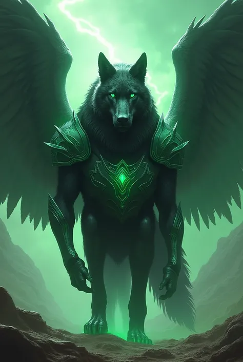 Create a big, mystical black wolf with shiny wings and bright green armor 