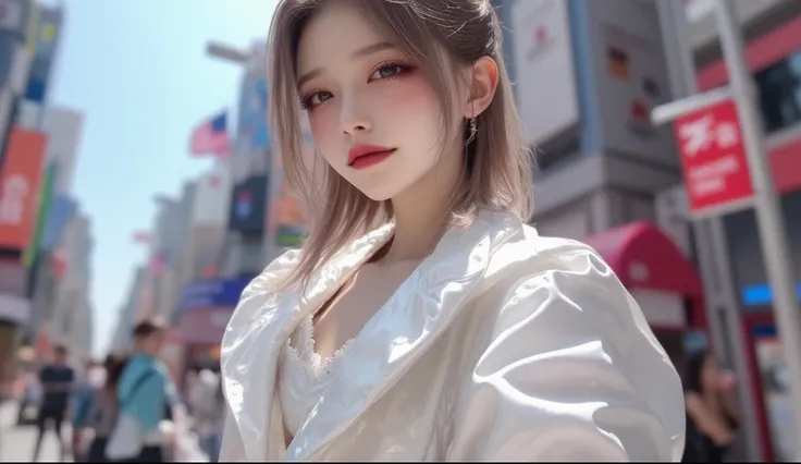 (masterpiece,  best image quality , 8k), Real photo,Idol appearance,  mature adult,  perfection of fashion,  Korean Makeup, Lip Tint,  full body,frontal,Outdoor, faint smile, Busy City Streets, Realistic,  ultra high definition , out of focus background, p...