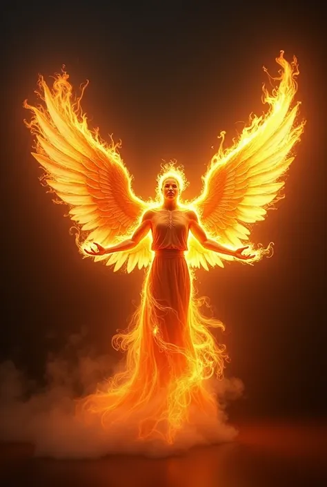 Un ange fait entièrement de flammes avec des ailes majestueuses. 
Il est constitué uniquement de feu. 
Lange est en lévitation et regarde le spectateur. 
Des flammes sortent de ses mains.
En arrière-plan un tourbillon de flammes avec jeux dombres et de lum...