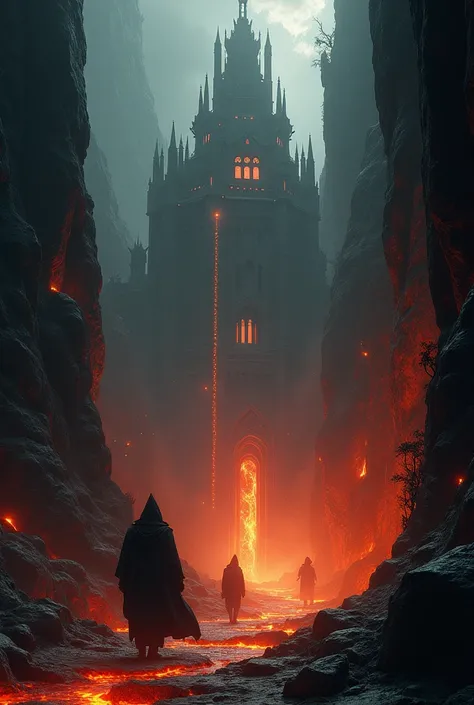 a dark fantasy city underground surrounded by fire and lava made of black stone