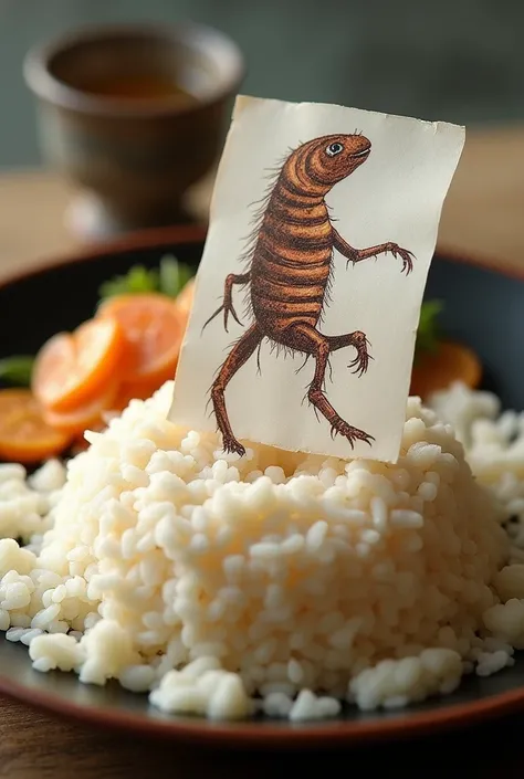 A real rice plate with a leg leg prey drawn on a piece of paper, simulating the replacement of protein by paper, not leg, leg, leg 


