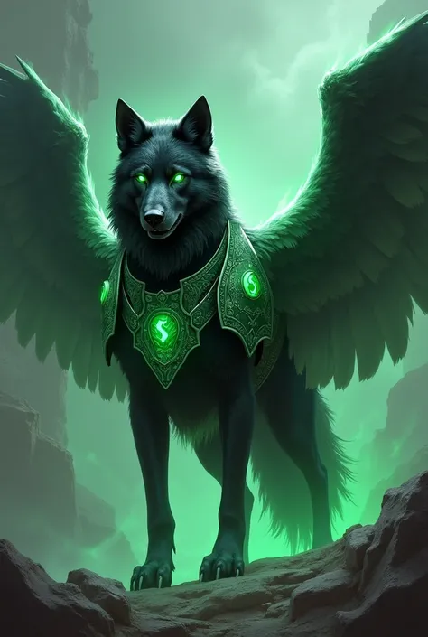 Create a mystical black wolf with shiny wings and bright green armor 