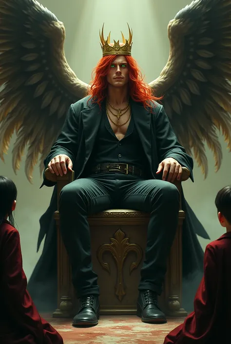 Sexy man green eyes long red hair gold crown on his head black overcoat pants black jeans wings on his back sitting on the throne kneeling people 