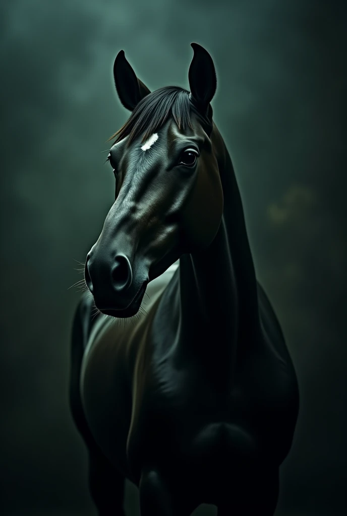 Realistic image black horse background dark room photography lights photo studio green film filter 