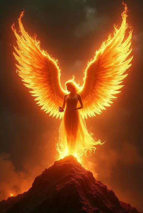 Un ange fait entièrement de flammes avec des ailes majestueuses. 
Il est constitué uniquement de feu. 
Lange est sur un volcan en lave et regarde le spectateur. 
Des flammes sortent de ses mains.
En arrière-plan un tourbillon de flammes avec jeux dombres e...