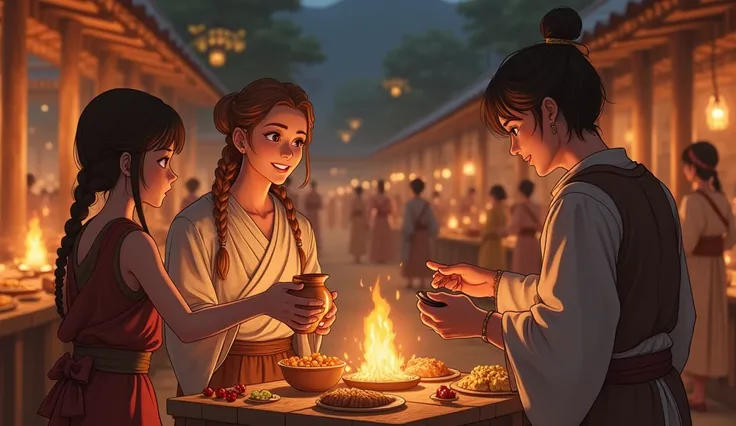 anime style: A historical and cultural scene of a festive market scene from an ancient civilization, where people are exchanging simple yet meaningful gifts like pottery, textiles, and food. The background includes traditional stalls and people dressed in ...