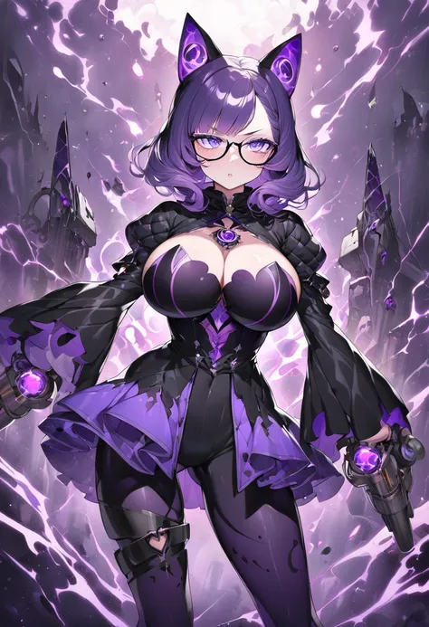 a half-cat woman, witch style with purple energy pistols, with an air of deity of destruction, big breasts, thin waist, medium and very round butt, wears square glasses, high definition 8k