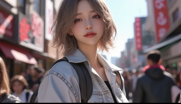 (masterpiece,  best image quality , 8k), Real photo,Idol appearance,  mature adult ,  perfection of fashion,  Korean Makeup, Lip Tint,  full body,frontal,Outdoor, faint smile, Busy City Streets, Realistic,  ultra high definition , out of focus background, ...