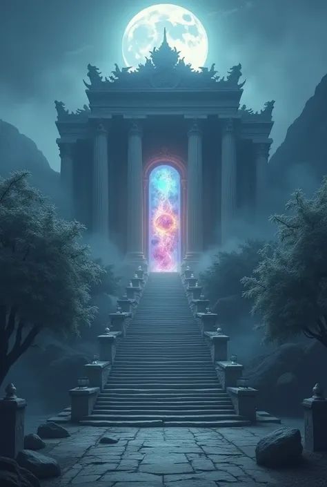  Visualize an ancient temple on an isolated island ,  shrouded in fog and illuminated by the light of the full moon .  The structure is imposing ,  with ancient stone columns and a marble staircase leading to a central sanctuary. At the top of the ladder ,...