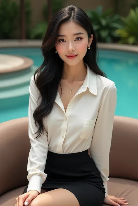 Real full body photo of a sexy babe gemoy asian face long hair black color is smiling wearing a shirt in white color long sleeves wearing a black color span skirt sitting on a brown sofa near the pool looking elegant super ultra HD quality