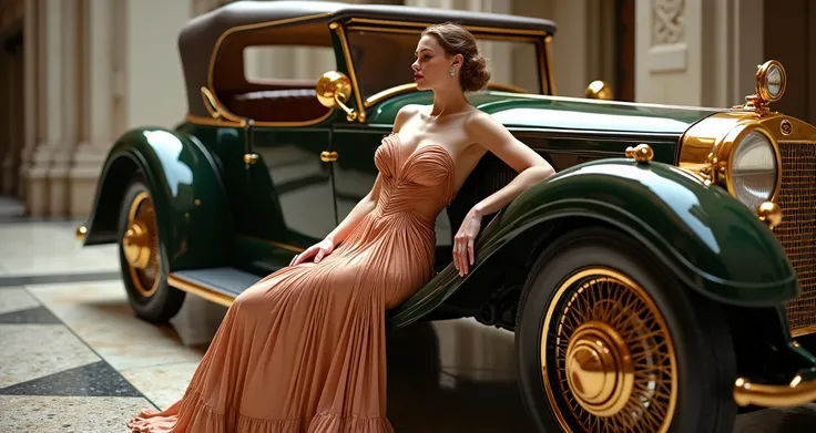  BEAUTIFUL STEAMPUNK CAR WITH ELEGANT WOMAN ,  dressed in an elegant dress from the 1930s , Gold and precious stones ,  she is leaning against the open door of the vehicle, granite and marble floor , very luxurious,  steampunk style, ultra-sharp focus, hig...