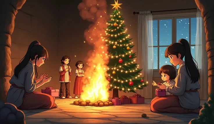 anime style: beautiful woman
A split image showing two contrasting scenes: one side depicts an ancient ritual with people exchanging offerings around a fire, and the other shows a modern family gathered around a Christmas tree exchanging gifts. The histori...