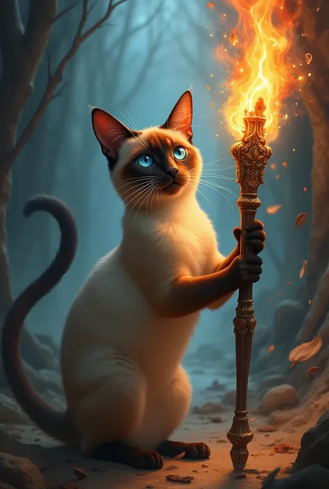 Create a Siamese cat, a magic staff that releases fireballs 