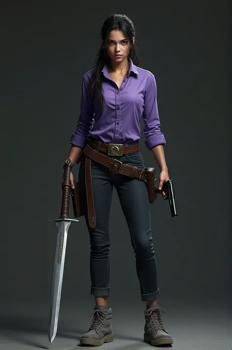 Create an image of a  dark-haired white woman with dark brown eyes wearing a cyan purple hunting shirt with gray shoes with a pistol in her left hand and a long sword in her right hand 