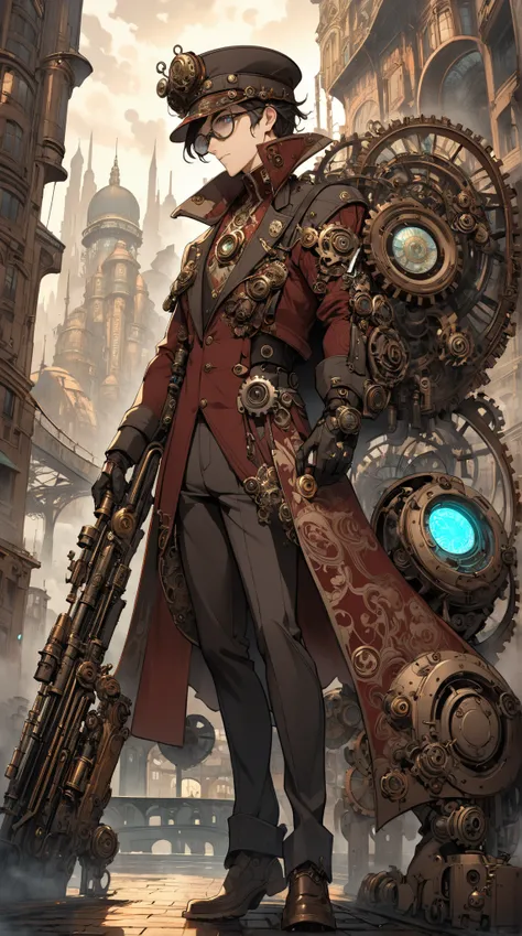 Art Nouveau style， The male model wore gears decorated with a pilot hat， armed with a beautifully complex mechanical heavy weapon 。The background is a steamy city ， bridge gears spinning ， A group of mechanical monsters came out of a dark corner in the dis...