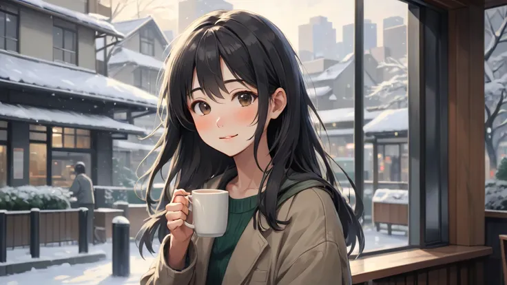  completely use the depiction of Makoto Shinkai,Summer Mackintosh portrait,Mature look,Extremely beautiful,29 years old,8k 4k masterpiece photo,Winter view from window , is at Starbucks Coffee,Omotesando,Tokyo, outside is a refreshing morning , and look up...