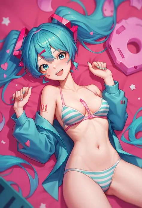 ( cute sexy robot butt lying in bed :0.65), (Stylish:0.65),( quasar cake :0.65), (Tyrolanko :0.65), (Human beans:0.65),  1 girl,  Hatsune Miku ,  Twin Tails , up to date, masterpiece,  abstract background ,   in front of a multicolored background, looking ...